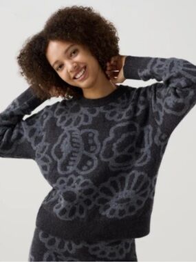 Marimekko x Uniqlo Charcoal Floral Pattern Crewneck Lambswool Sweater